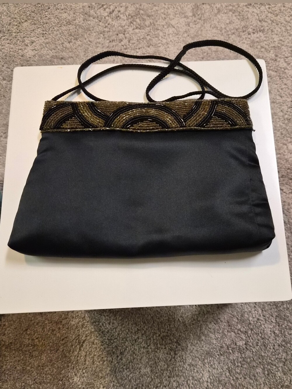 Vintage Genie Black Satin Beaded Evening Bag With Shoulder Strap